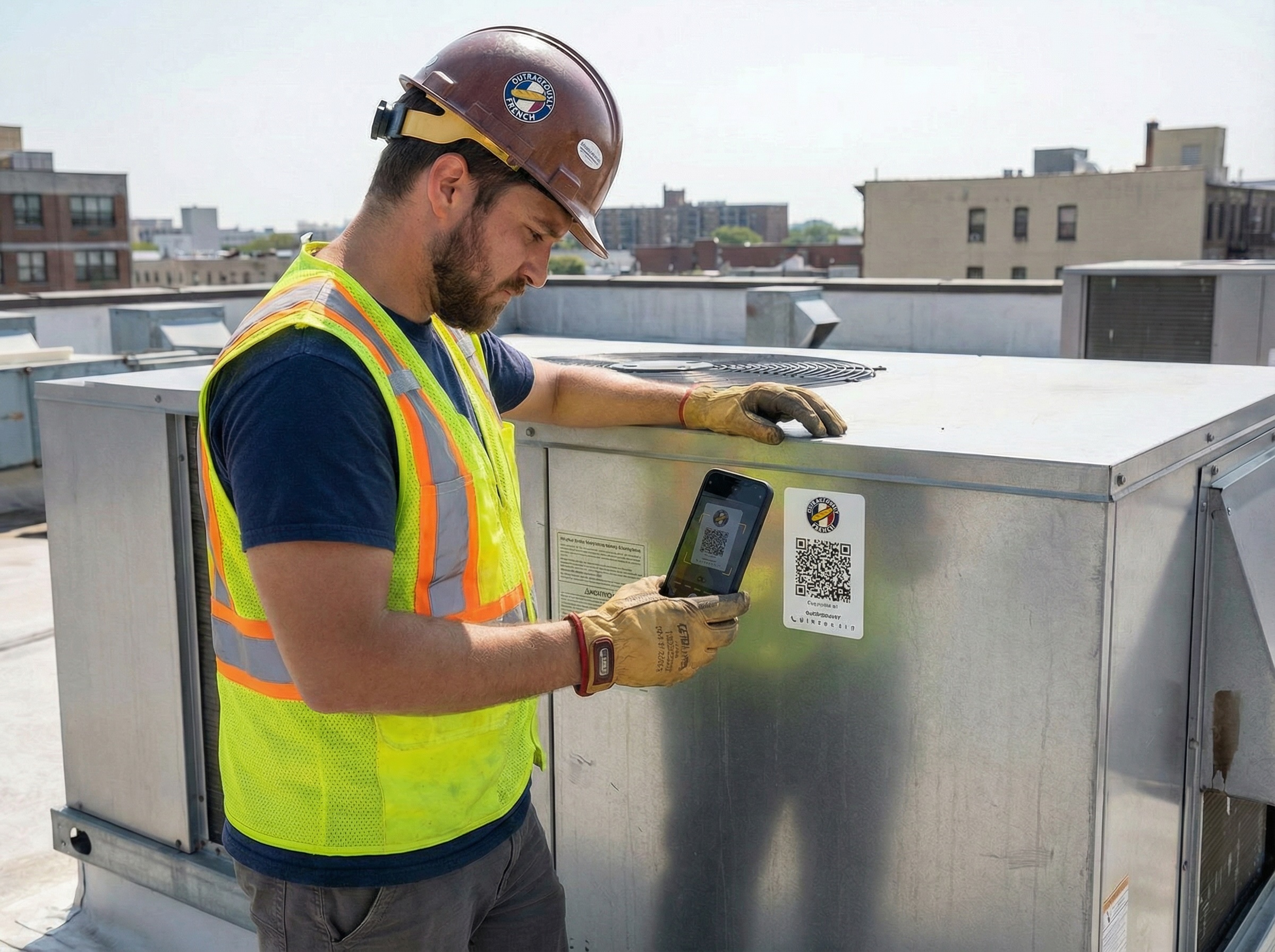 Field technician scanning a QR code on equipment